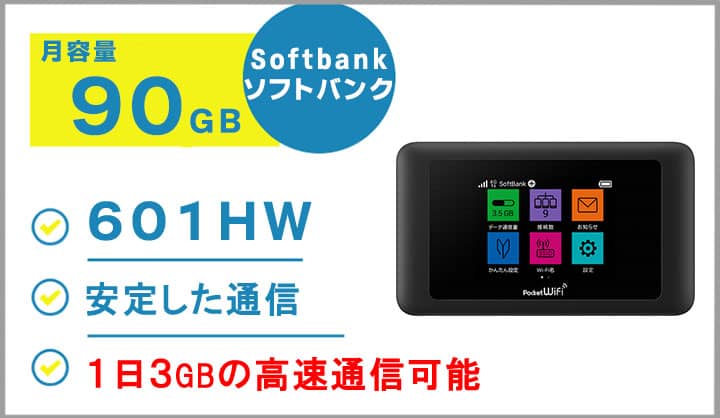 ポケットwifiレンタルsoftbank601HW月容量90GB