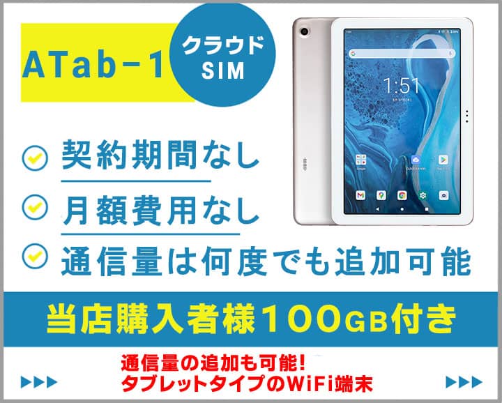 タブレットATab-1新規購入者様限定365日間利用可能100GB付き