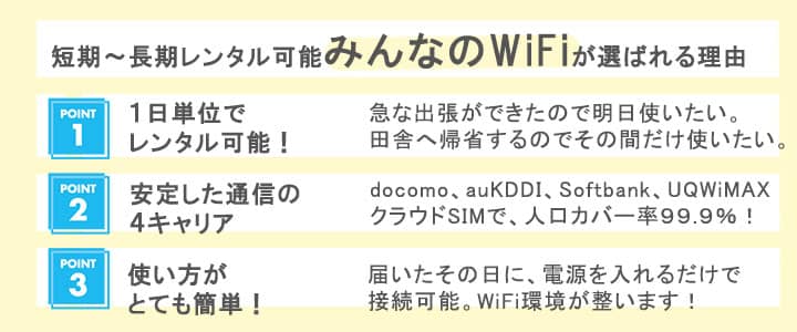 短期から長期レンタル可能なみんなのWiFiが選ばれる理由