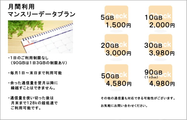 月間利用マンスリーデータプランは、毎月1日～末までの通信量となります