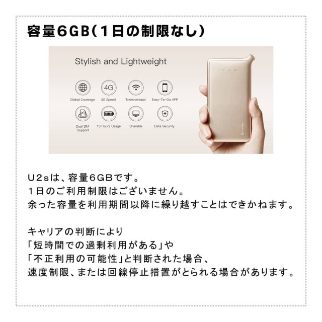 U2s容量6GB/1日の通信制限なし