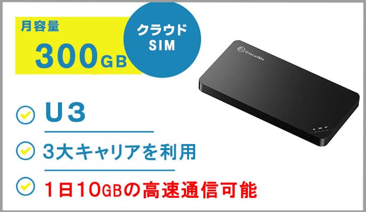 ポケットwifiレンタルU3クラウドSIM月容量300GB